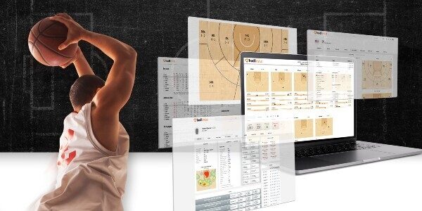 A basketball player next to a depiction of the Hudl Instat UI screenshots